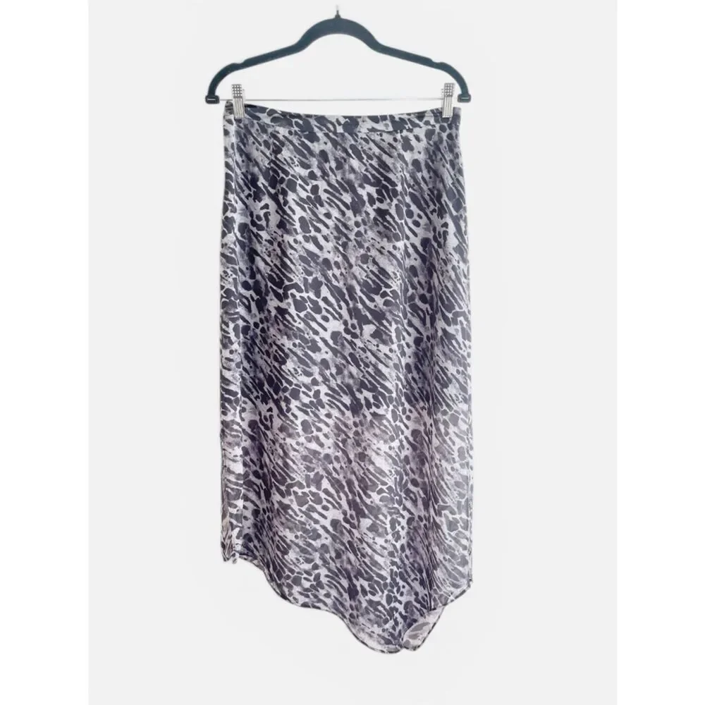 AllSaints Rhea animal print slip skirt.  Sheer Asymmetric Hem Black/Gray